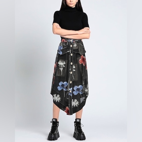 New Ganni Floral Linen Silk Midi Skirt Handkerchief Hem Peplum Sz 38 - Picture 1 of 16